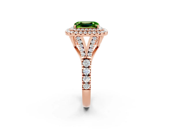 Rose gold Double Halo Emerald Cut Peridot Pavé Split Shank Ring with Prong Setting
