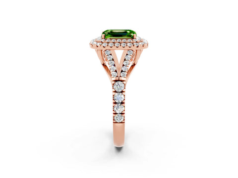 Rose gold Double Halo Emerald Cut Peridot Pavé Split Shank Ring with Prong Setting_2