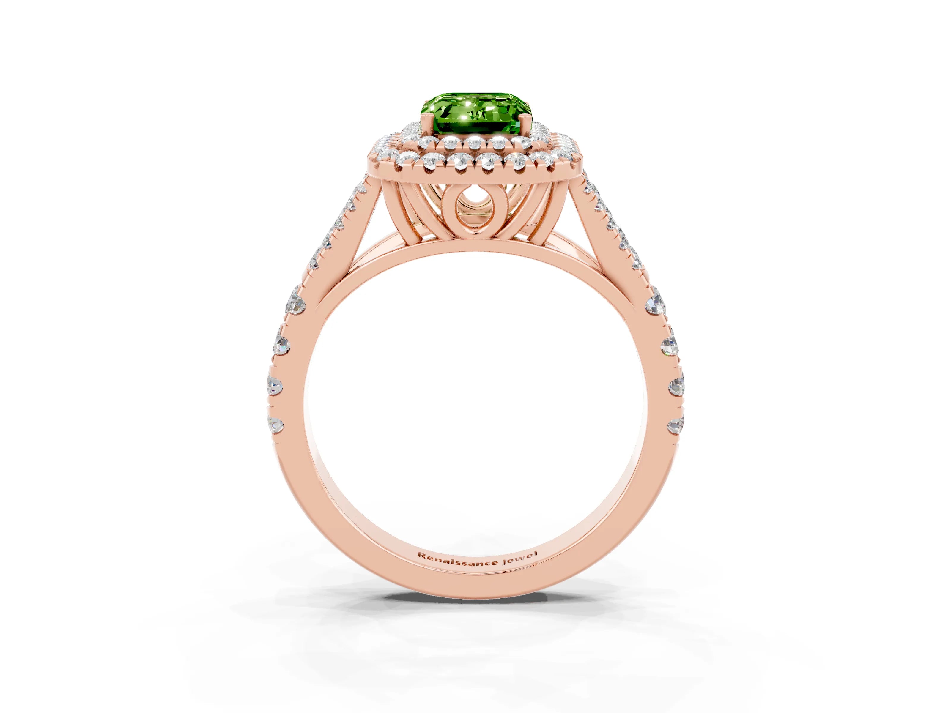 Rose gold Double Halo Emerald Cut Peridot Pavé Split Shank Ring with Prong Setting_3