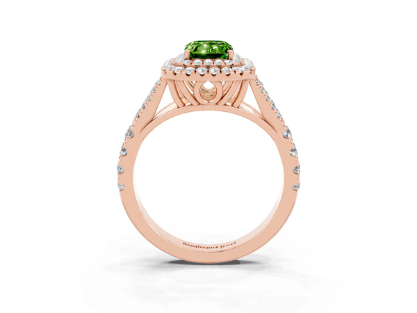 Rose gold Double Halo Emerald Cut Peridot Pavé Split Shank Ring with Prong Setting