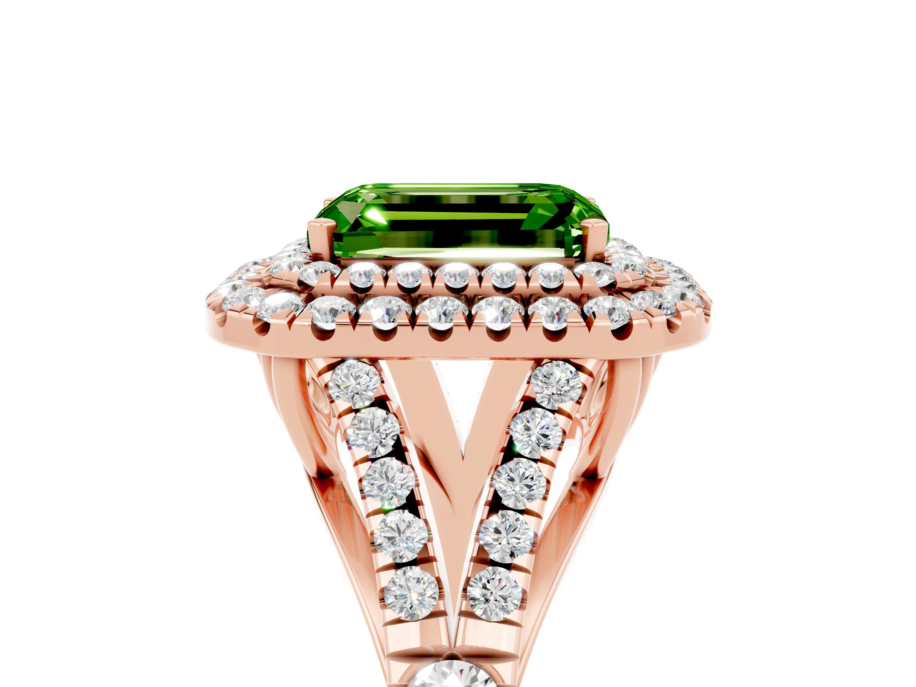 Rose gold Double Halo Emerald Cut Peridot Pavé Split Shank Ring with Prong Setting_5