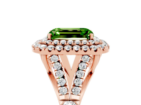 Rose gold Double Halo Emerald Cut Peridot Pavé Split Shank Ring with Prong Setting_5