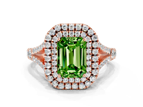 Rose gold Double Halo Emerald Cut Peridot Pavé Split Shank Ring with Prong Setting
