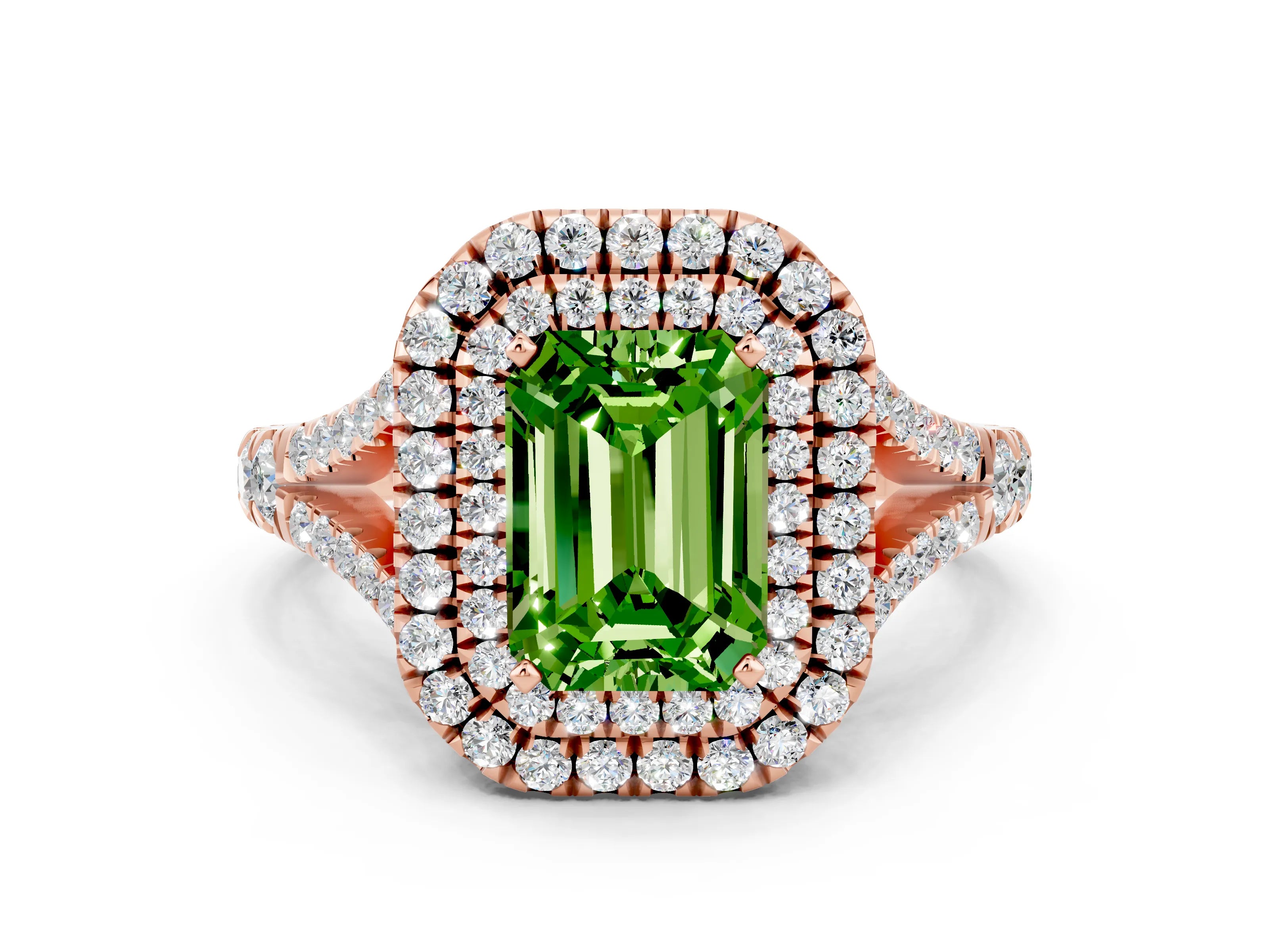 Rose gold Double Halo Emerald Cut Peridot Split Shank Engagement Ring with Four-Prong Setting
