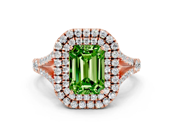 Rose gold Double Halo Emerald Cut Peridot Split Shank Engagement Ring with Four-Prong Setting