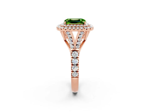 Rose gold Double Halo Emerald Cut Peridot Split Shank Engagement Ring with Four-Prong Setting_2