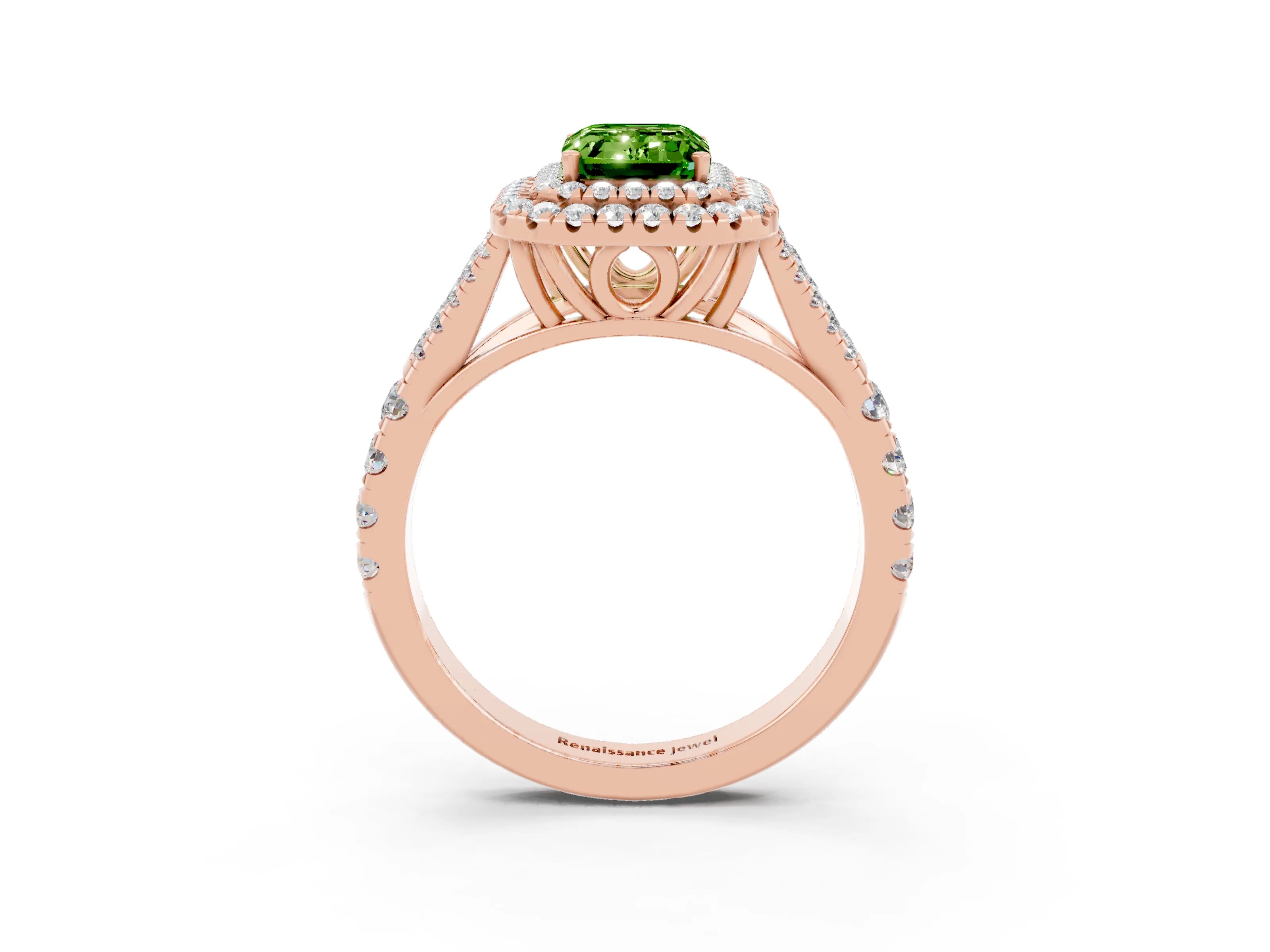 Rose gold Double Halo Emerald Cut Peridot Split Shank Engagement Ring with Four-Prong Setting_3