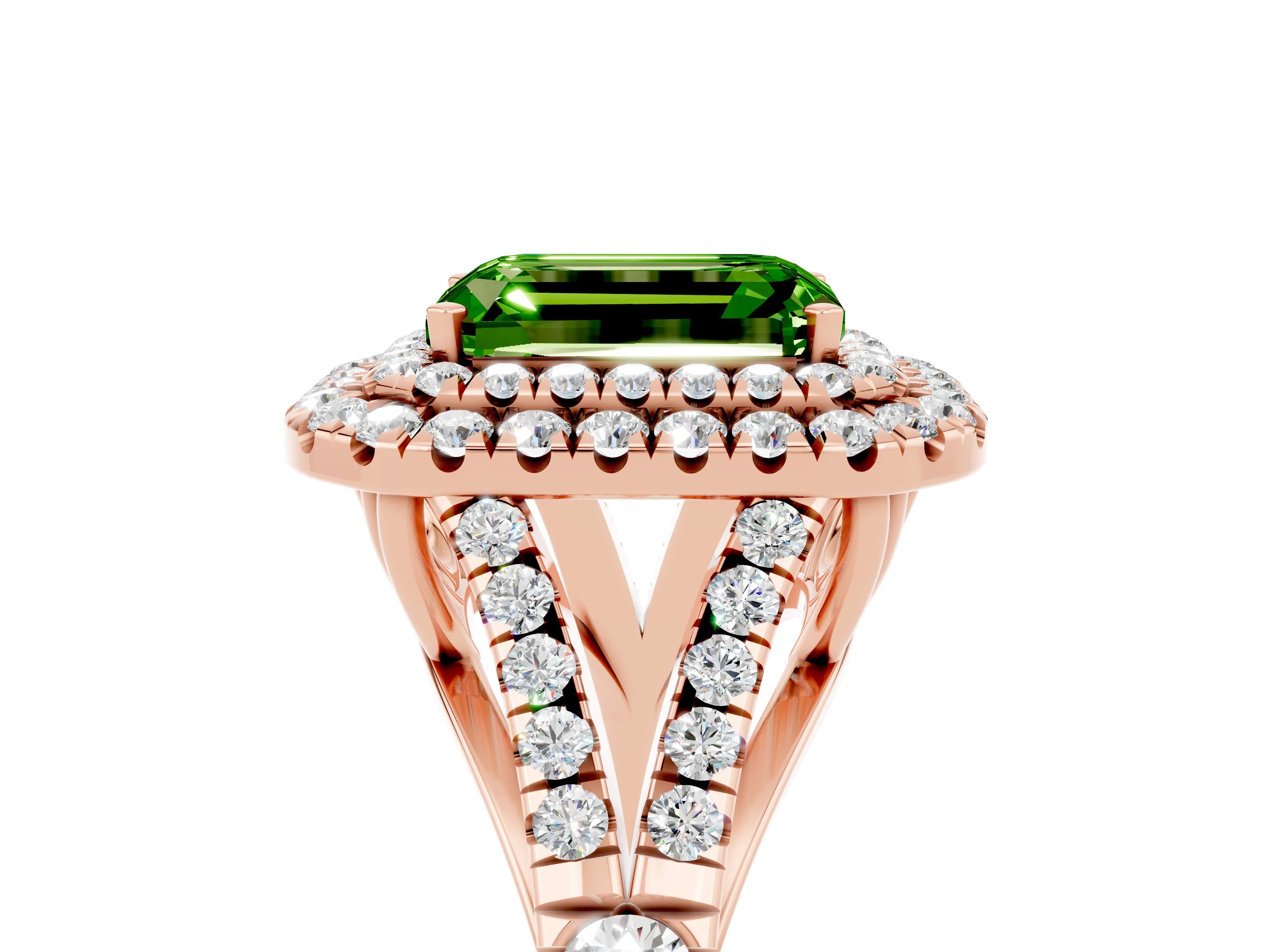 Rose gold Double Halo Emerald Cut Peridot Split Shank Engagement Ring with Four-Prong Setting_5