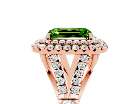 Rose gold Double Halo Emerald Cut Peridot Split Shank Engagement Ring with Four-Prong Setting_5