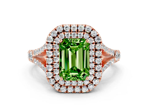 Rose gold Double Halo Emerald Cut Peridot Split Shank Engagement Ring with Four-Prong Setting