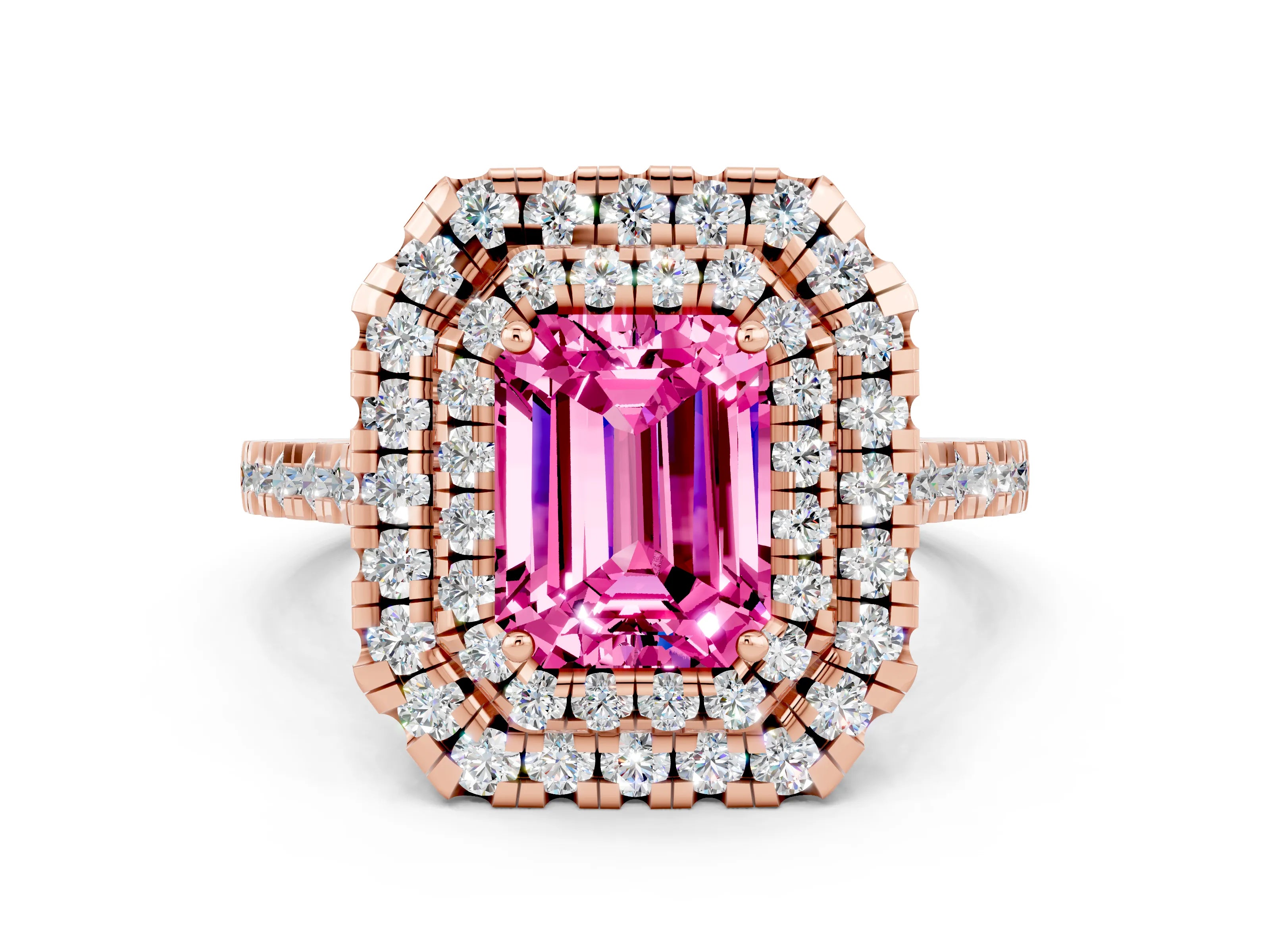 Rose gold Double Halo Emerald Cut Pink Sapphire Pavé Band with Four-Prong Setting_36