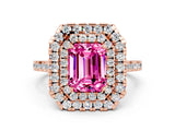 Rose gold Double Halo Emerald Cut Pink Sapphire Pavé Band with Four-Prong Setting_36