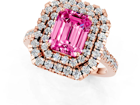 Rose gold Double Halo Emerald Cut Pink Sapphire Pavé Band with Four-Prong Setting_37