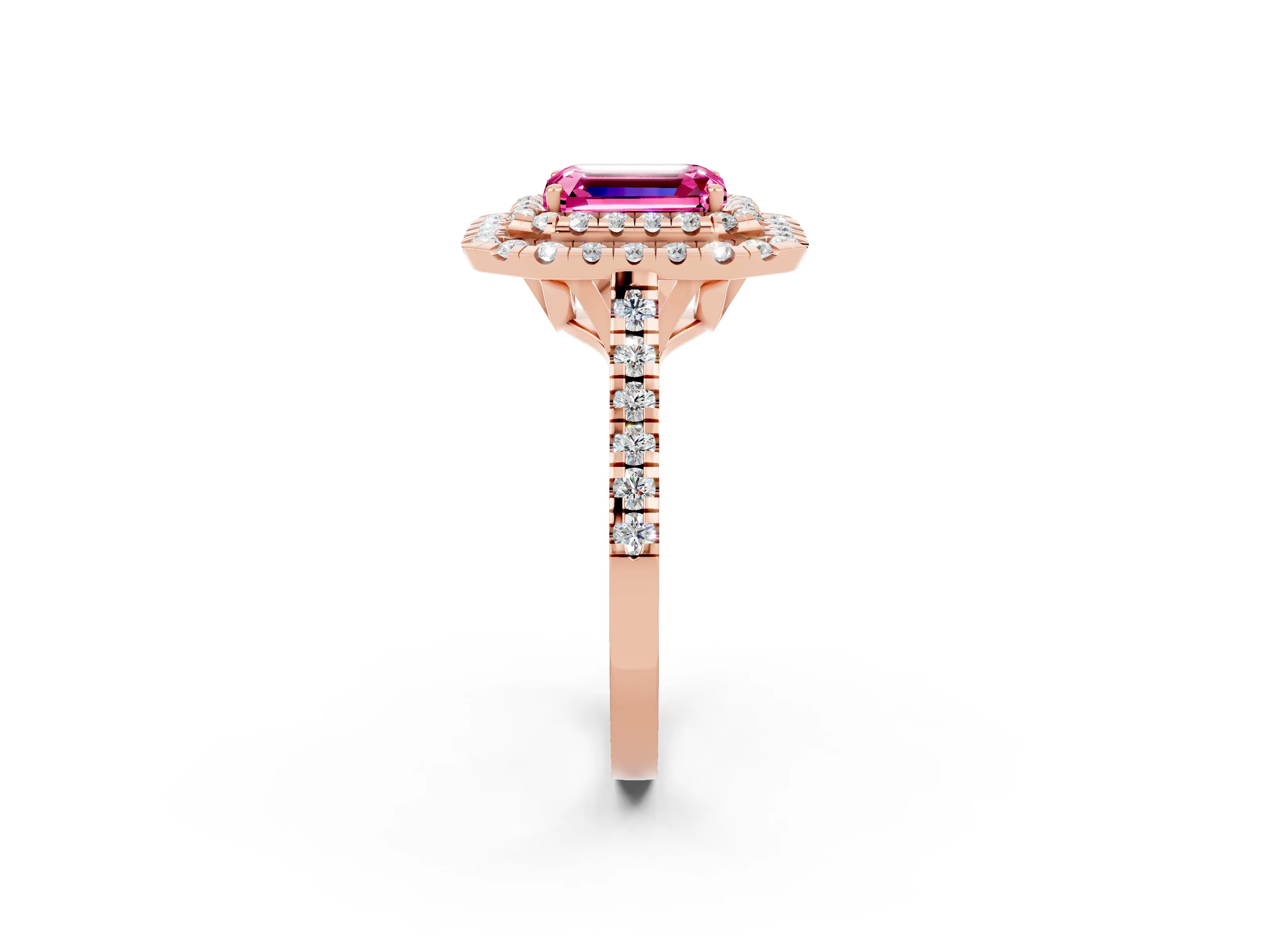 Rose gold Double Halo Emerald Cut Pink Sapphire Pavé Band with Four-Prong Setting_38