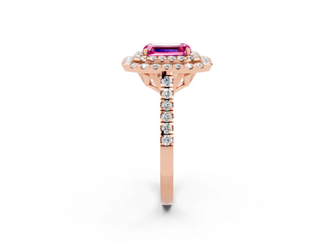 Rose gold Double Halo Emerald Cut Pink Sapphire Pavé Band with Four-Prong Setting_38