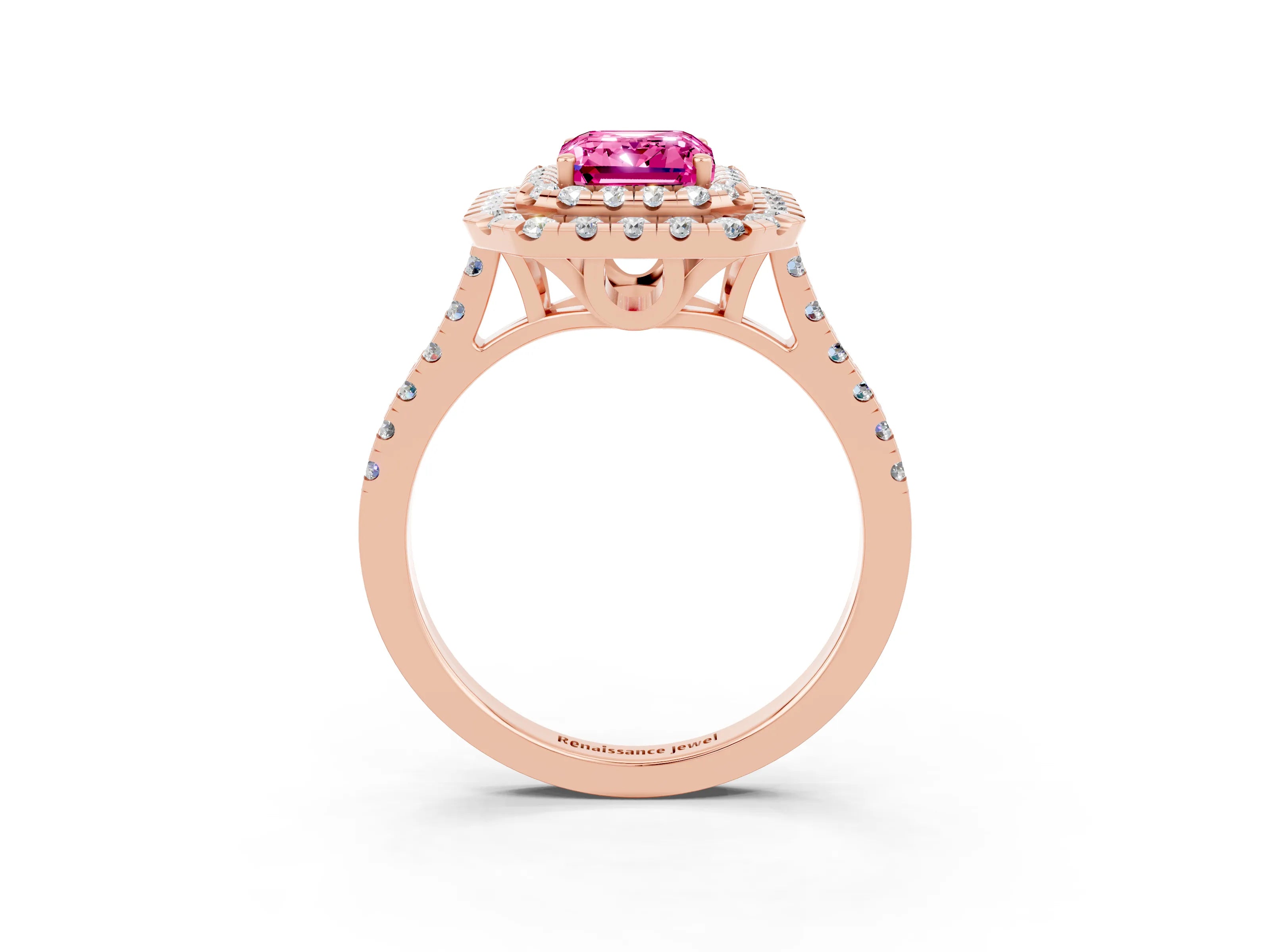 Rose gold Double Halo Emerald Cut Pink Sapphire Pavé Band with Four-Prong Setting_39