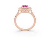 Rose gold Double Halo Emerald Cut Pink Sapphire Pavé Band with Four-Prong Setting_39