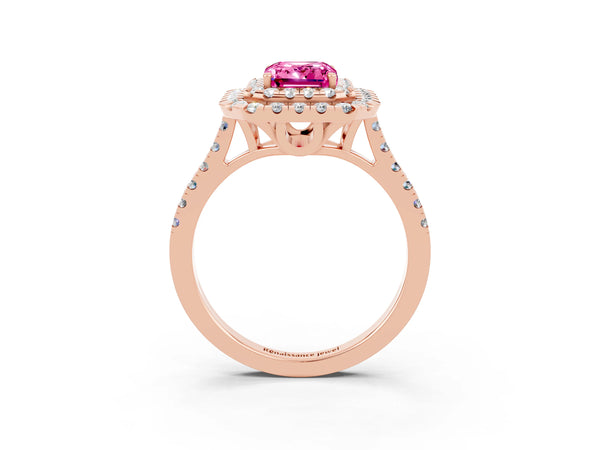 Rose gold Double Halo Emerald Cut Pink Sapphire Pavé Band with Four-Prong Setting