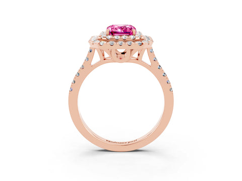 Rose gold Double Halo Emerald Cut Pink Sapphire Pavé Band with Four-Prong Setting_39