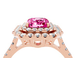Rose gold Double Halo Emerald Cut Pink Sapphire Pavé Band with Four-Prong Setting_40