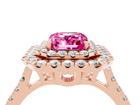 Rose gold Double Halo Emerald Cut Pink Sapphire Pavé Band with Four-Prong Setting_40