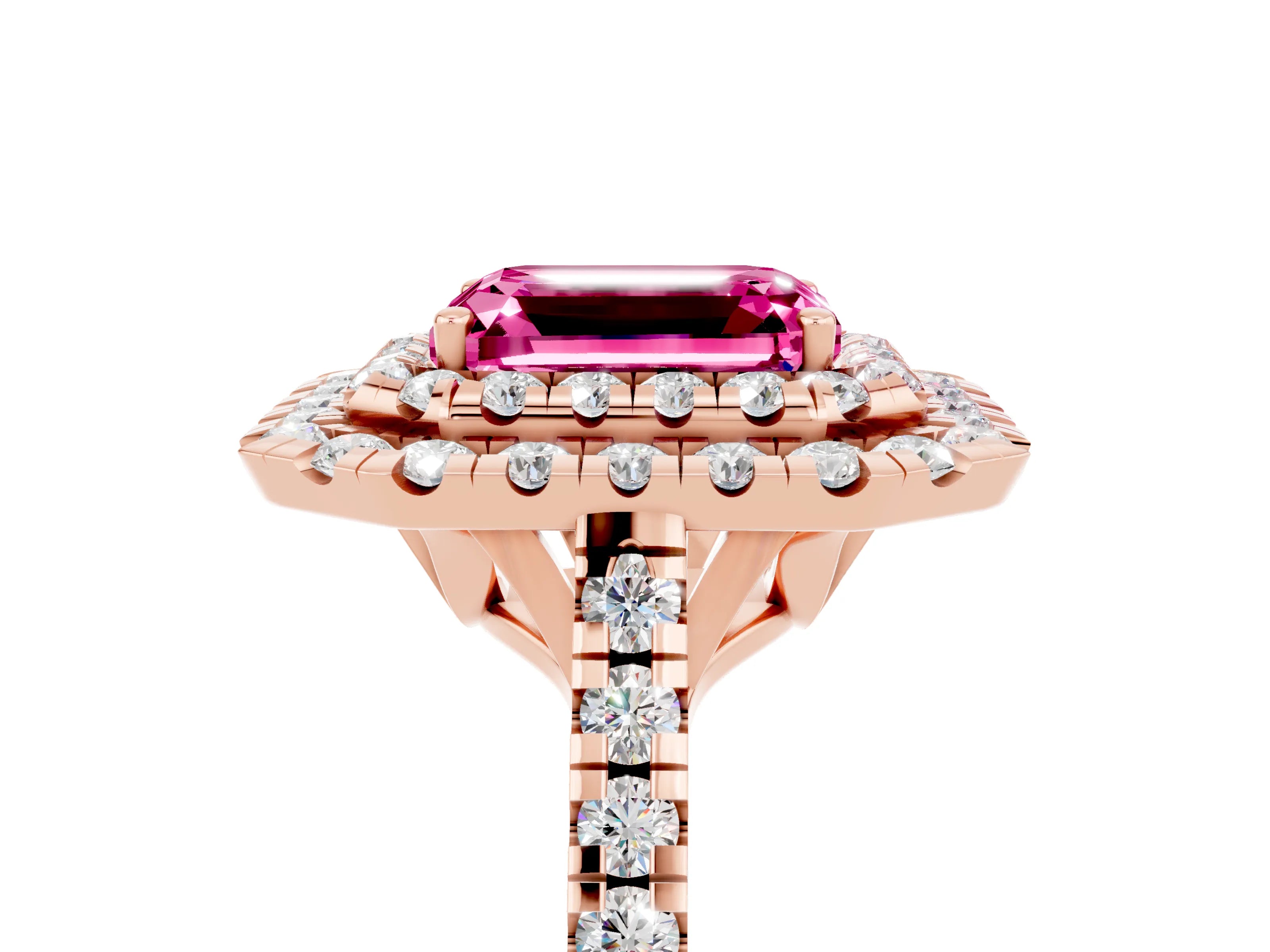 Rose gold Double Halo Emerald Cut Pink Sapphire Pavé Band with Four-Prong Setting_41
