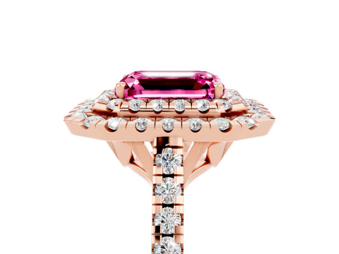 Rose gold Double Halo Emerald Cut Pink Sapphire Pavé Band with Four-Prong Setting_41