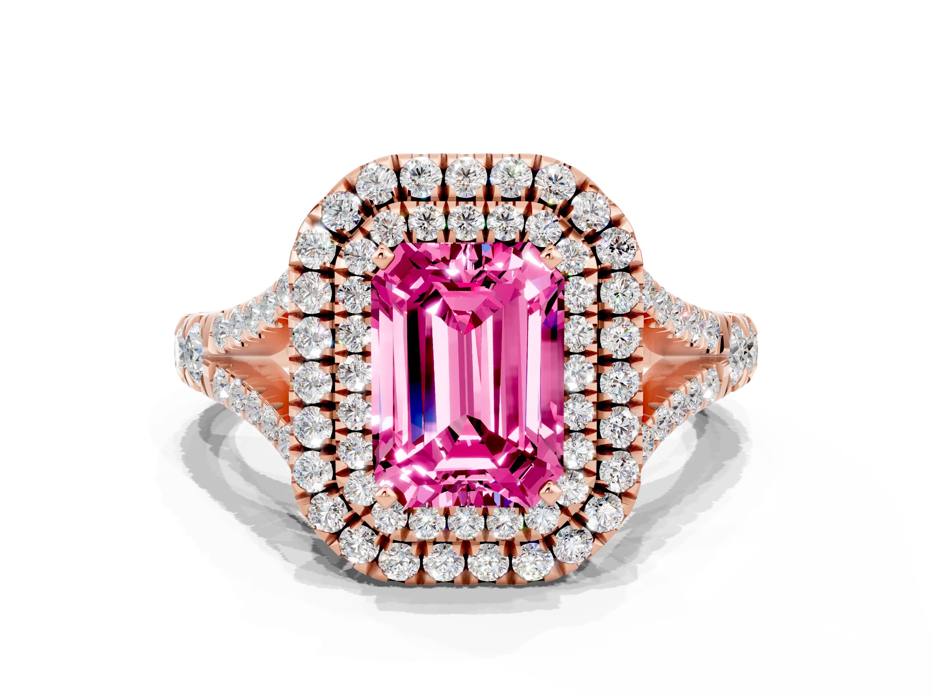 Rose gold Double Halo Emerald Cut Pink Sapphire Pavé Split Shank Ring with Prong Setting