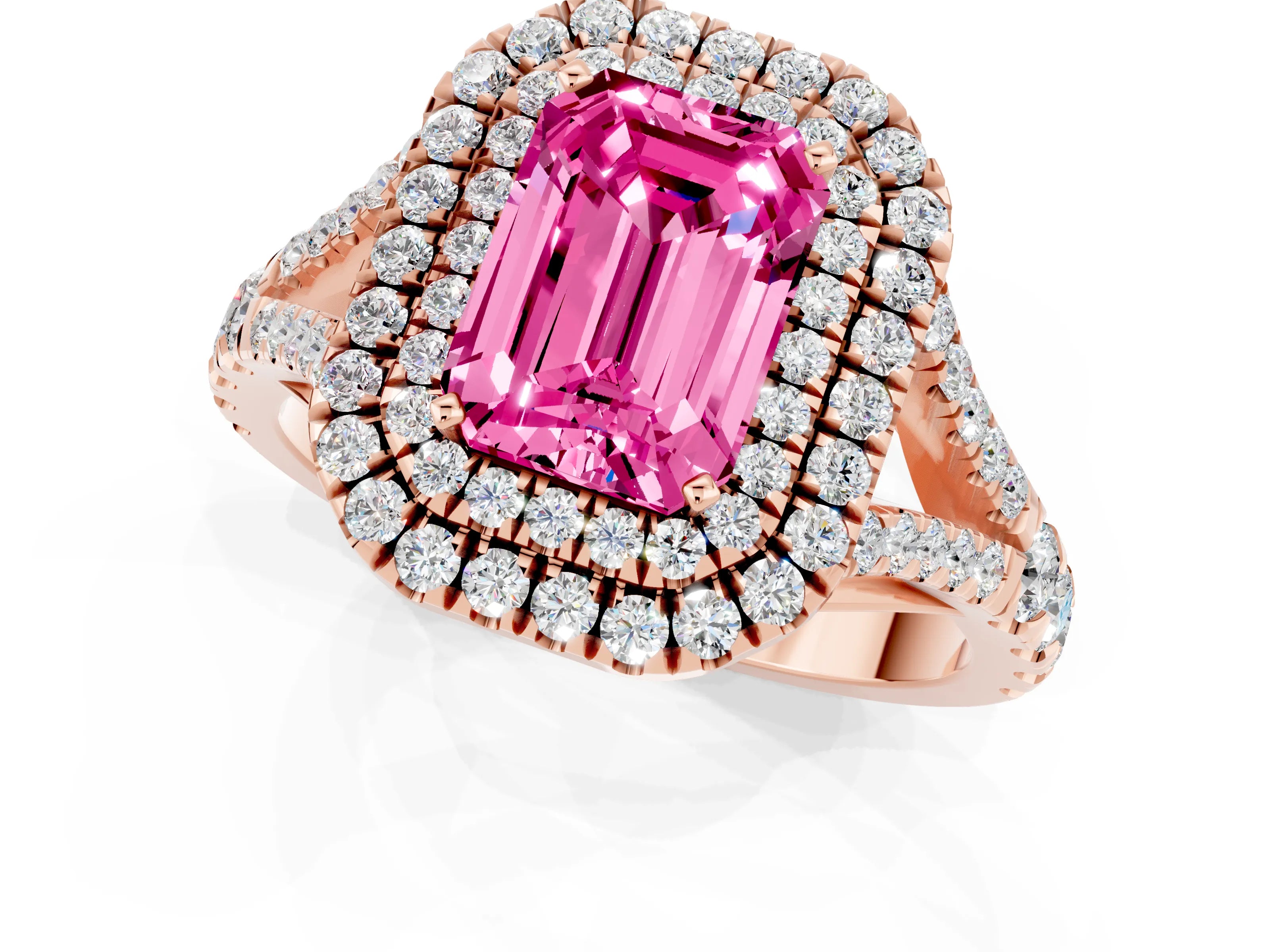Rose gold Double Halo Emerald Cut Pink Sapphire Pavé Split Shank Ring with Prong Setting_1