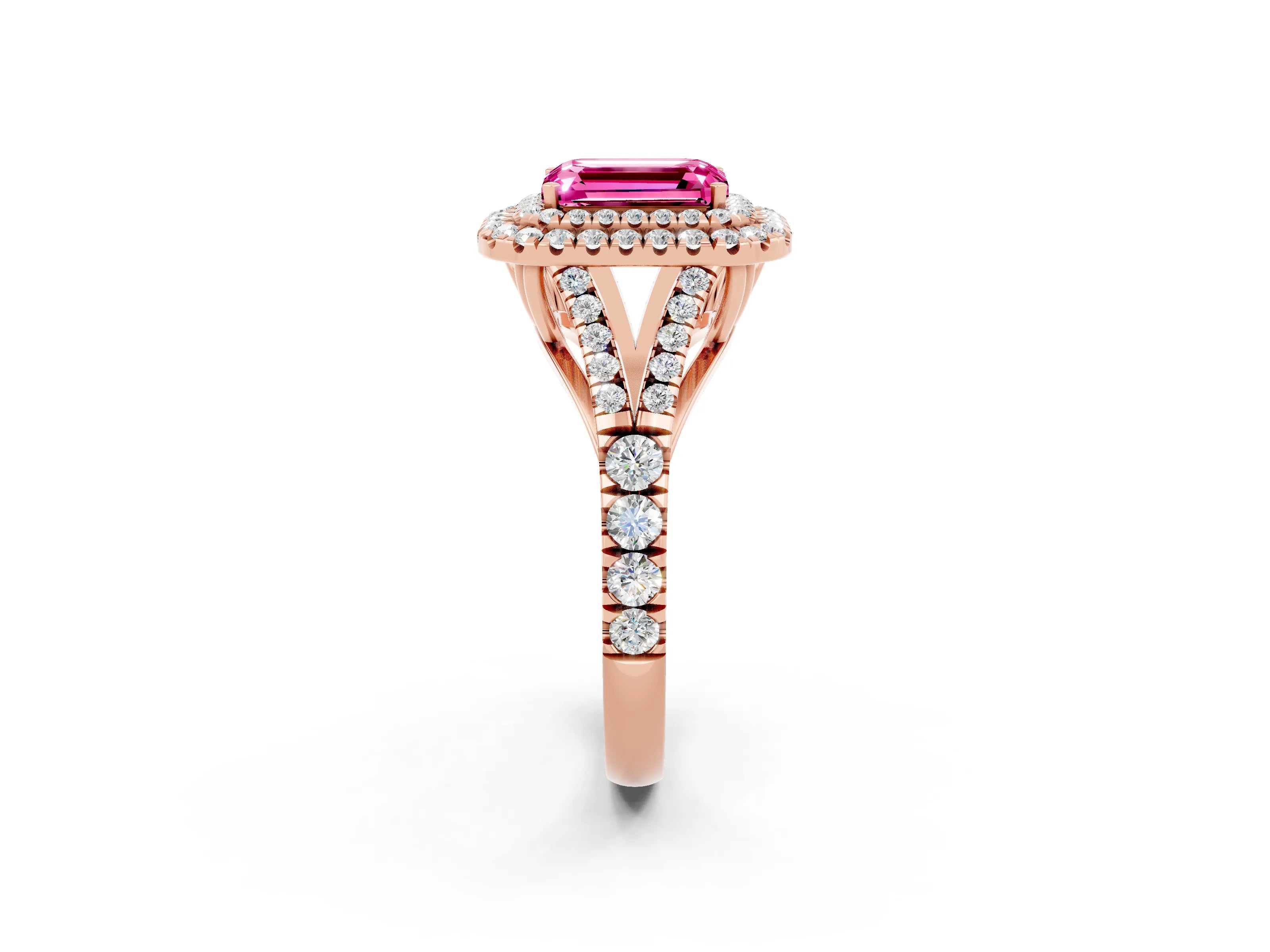 Rose gold Double Halo Emerald Cut Pink Sapphire Pavé Split Shank Ring with Prong Setting_2