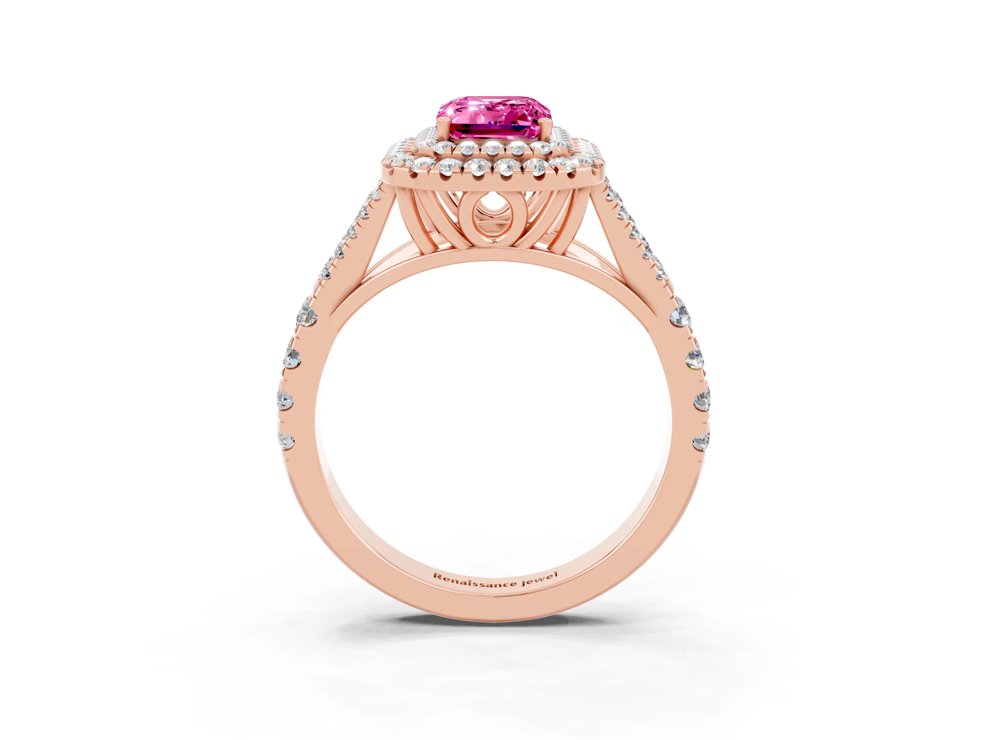 Rose gold Double Halo Emerald Cut Pink Sapphire Pavé Split Shank Ring with Prong Setting_3