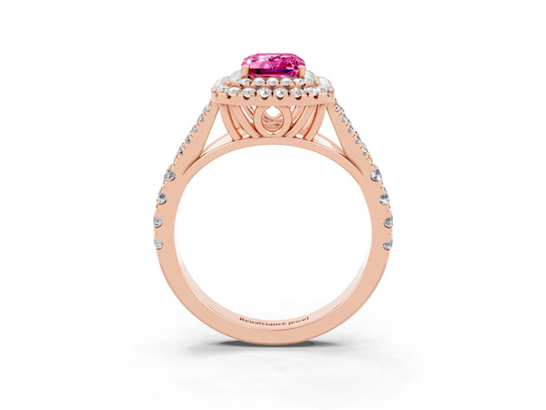 Rose gold Double Halo Emerald Cut Pink Sapphire Pavé Split Shank Ring with Prong Setting