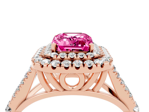 Rose gold Double Halo Emerald Cut Pink Sapphire Pavé Split Shank Ring with Prong Setting_4