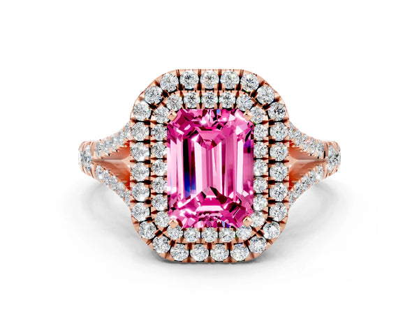 Rose gold Double Halo Emerald Cut Pink Sapphire Split Shank Engagement Ring with Four-Prong Setting