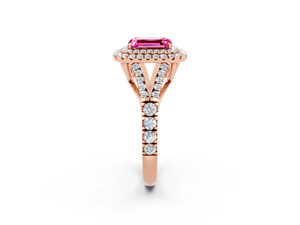 Rose gold Double Halo Emerald Cut Pink Sapphire Split Shank Engagement Ring with Four-Prong Setting