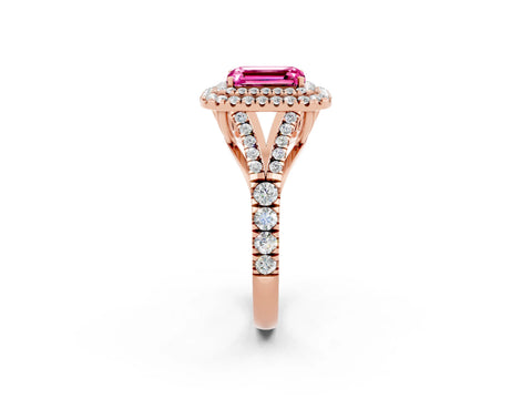 Rose gold Double Halo Emerald Cut Pink Sapphire Split Shank Engagement Ring with Four-Prong Setting_2