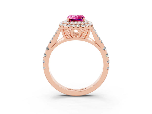 Rose gold Double Halo Emerald Cut Pink Sapphire Split Shank Engagement Ring with Four-Prong Setting