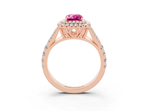Rose gold Double Halo Emerald Cut Pink Sapphire Split Shank Engagement Ring with Four-Prong Setting_3