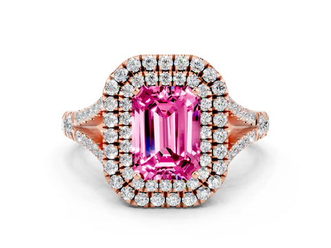 Rose gold Double Halo Emerald Cut Pink Sapphire Split Shank Engagement Ring with Four-Prong Setting