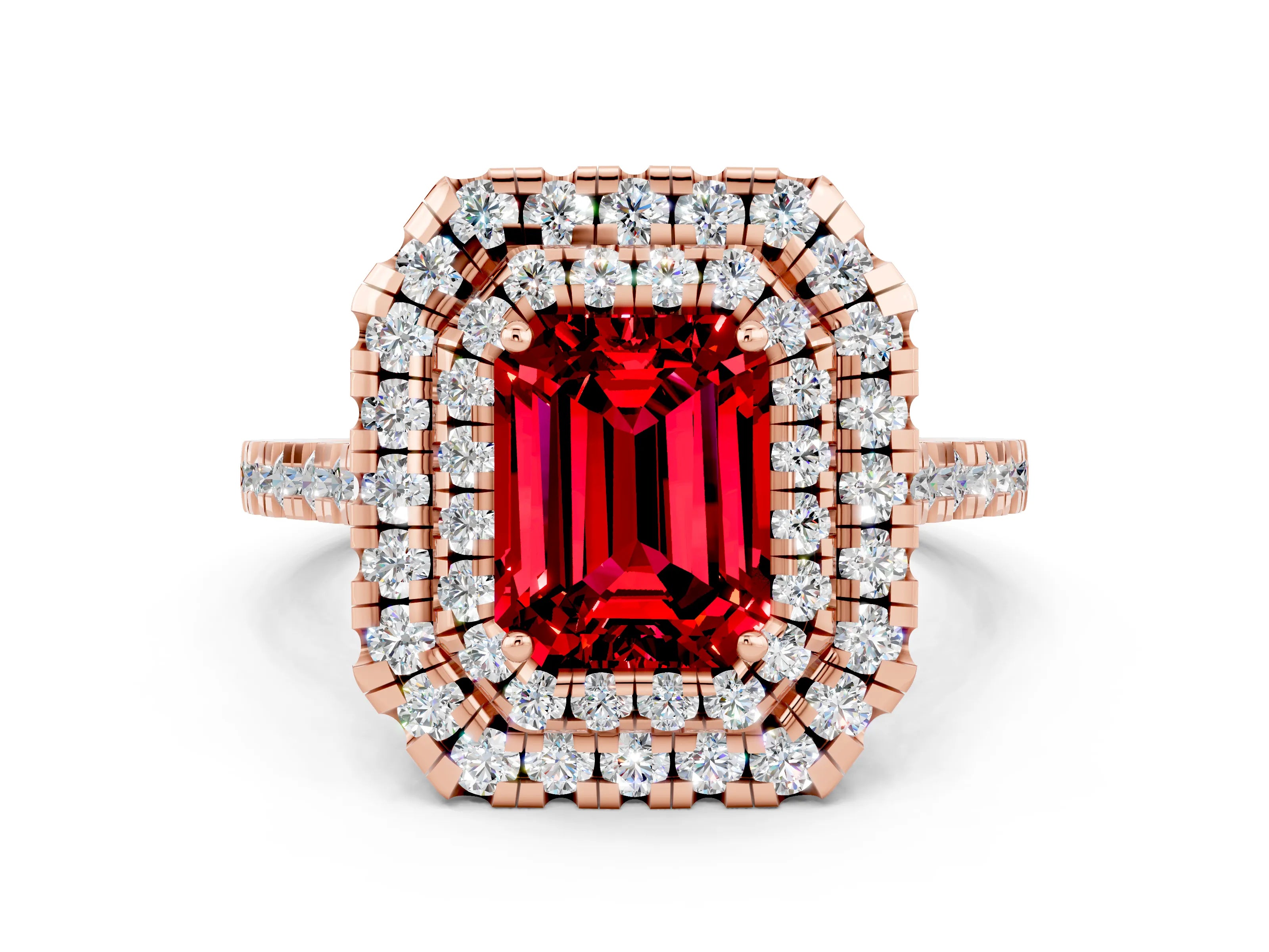 Rose gold Double Halo Emerald Cut Ruby Pavé Band with Four-Prong Setting