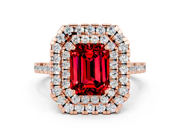 Rose gold Double Halo Emerald Cut Ruby Pavé Band with Four-Prong Setting