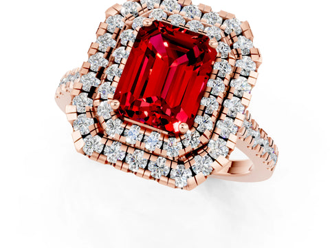 Rose gold Double Halo Emerald Cut Ruby Pavé Band with Four-Prong Setting_1