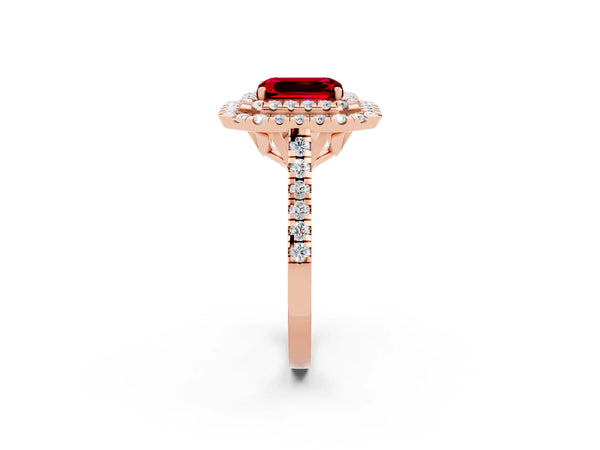 Rose gold Double Halo Emerald Cut Ruby Pavé Band with Four-Prong Setting