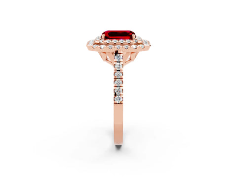 Rose gold Double Halo Emerald Cut Ruby Pavé Band with Four-Prong Setting_2