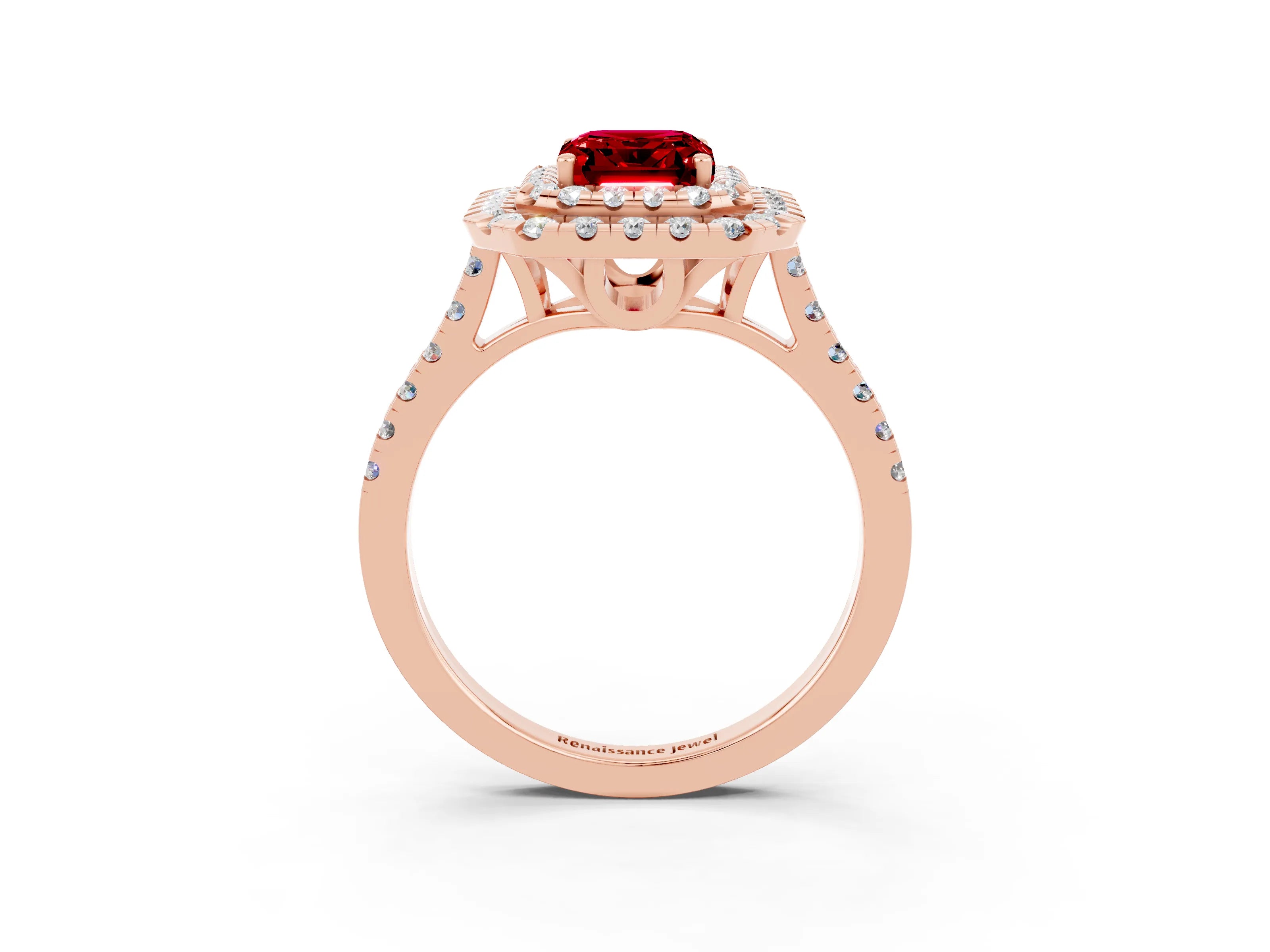 Rose gold Double Halo Emerald Cut Ruby Pavé Band with Four-Prong Setting_3