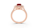 Rose gold Double Halo Emerald Cut Ruby Pavé Band with Four-Prong Setting_3