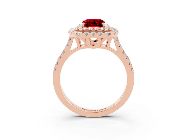 Rose gold Double Halo Emerald Cut Ruby Pavé Band with Four-Prong Setting