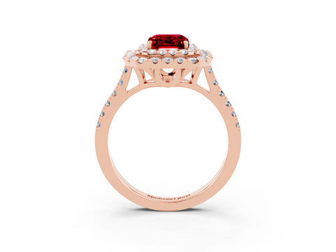 Rose gold Double Halo Emerald Cut Ruby Pavé Band with Four-Prong Setting_3