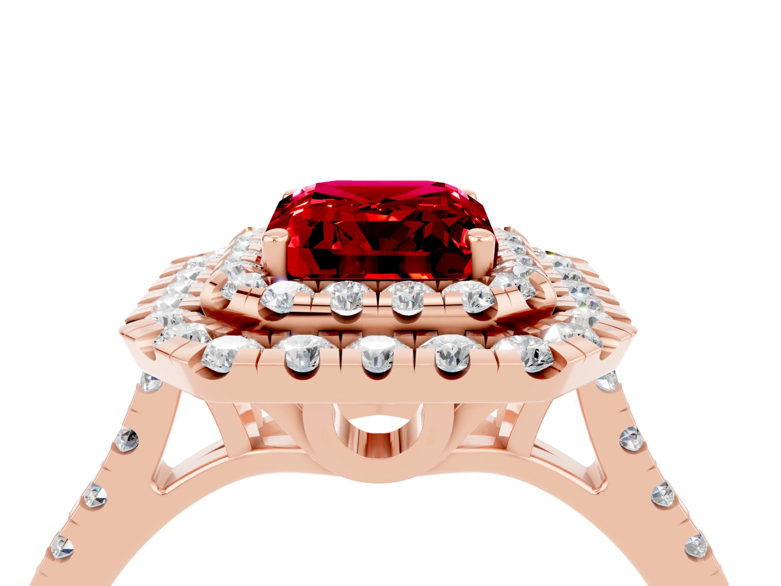 Rose gold Double Halo Emerald Cut Ruby Pavé Band with Four-Prong Setting_4