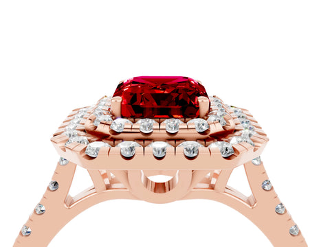 Rose gold Double Halo Emerald Cut Ruby Pavé Band with Four-Prong Setting_4